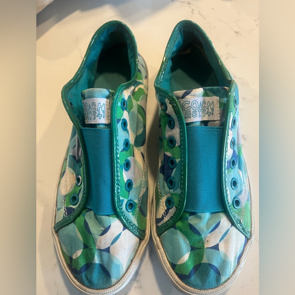 Coach Monogrammed green and blue logo sneakers slip on shoes flats 9.5 B